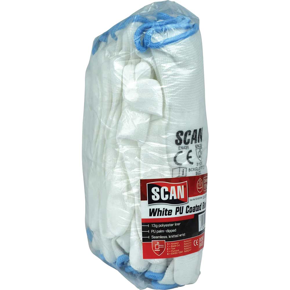 Image of Scan PU Coated Work Gloves White L Pack of 12