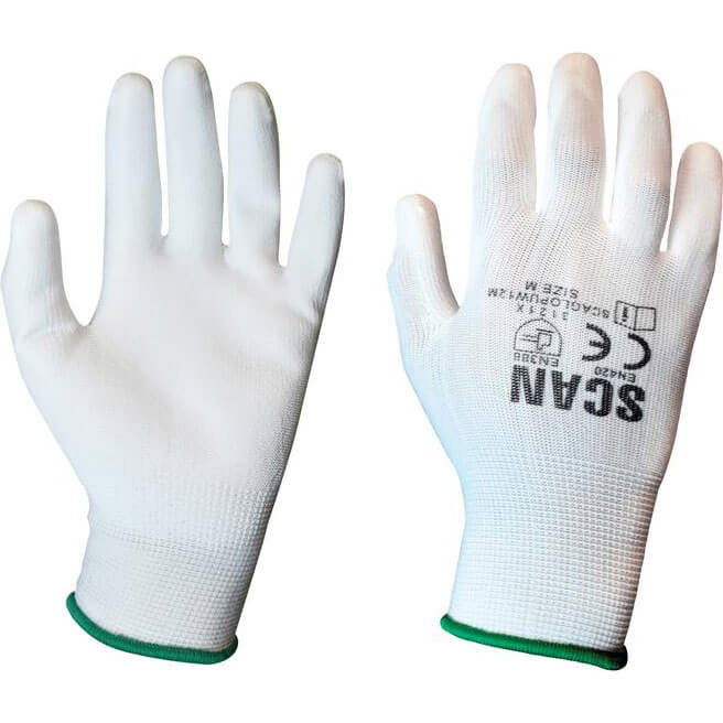 Image of Scan PU Coated Work Gloves White M Pack of 12