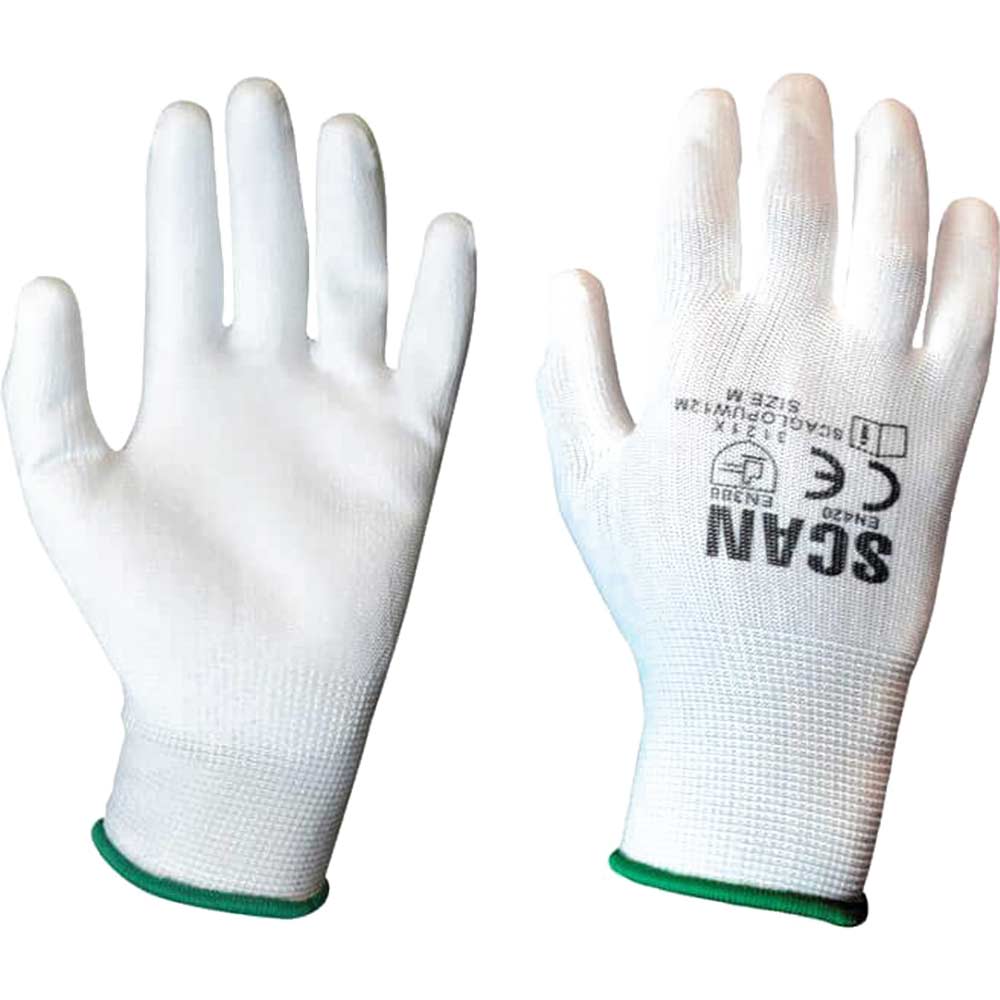 Image of Scan PU Coated Work Gloves White M Pack of 12