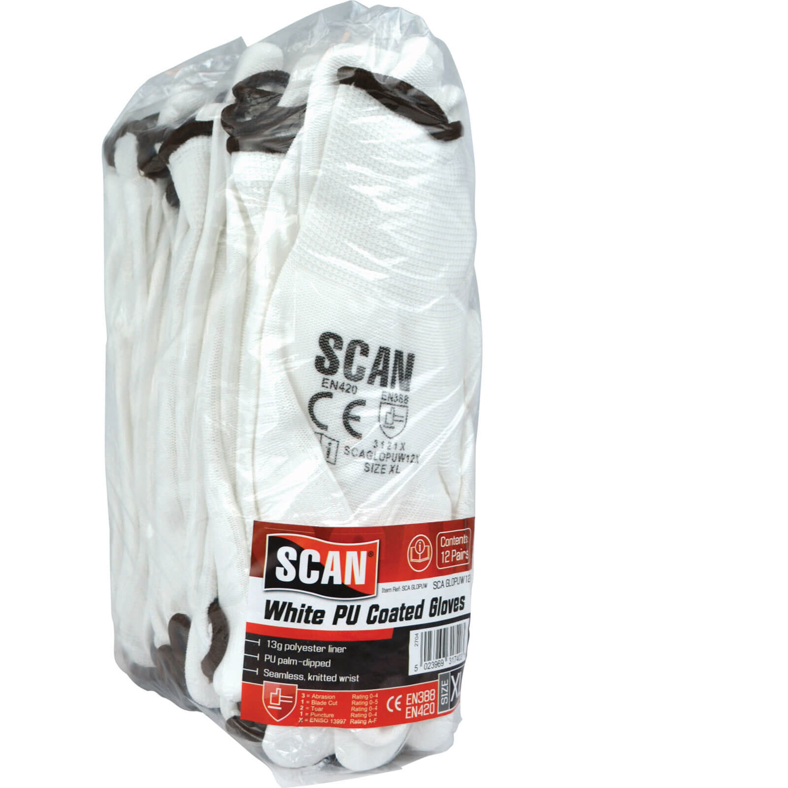 Image of Scan PU Coated Work Gloves White XL Pack of 12
