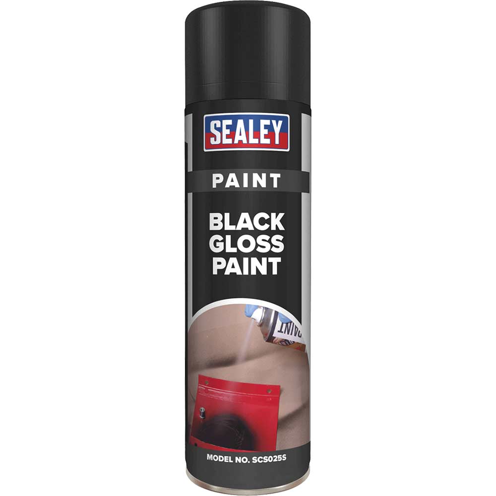 Image of Sealey Gloss Aerosol Spray Paint Pack of 6 Black 500ml
