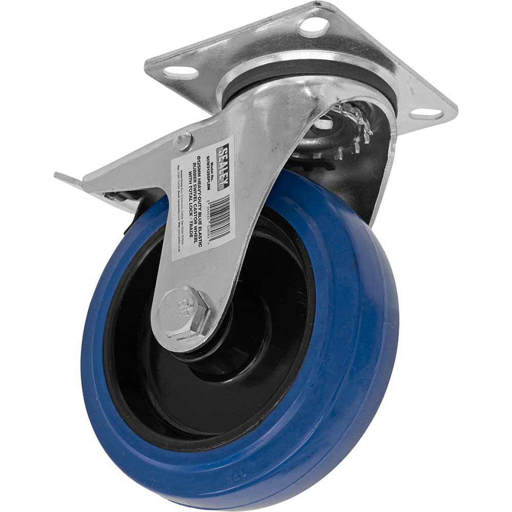 Image of Sealey Heavy-Duty Blue Elastic Rubber Swivel Castor Wheel and Total Lock 125mm