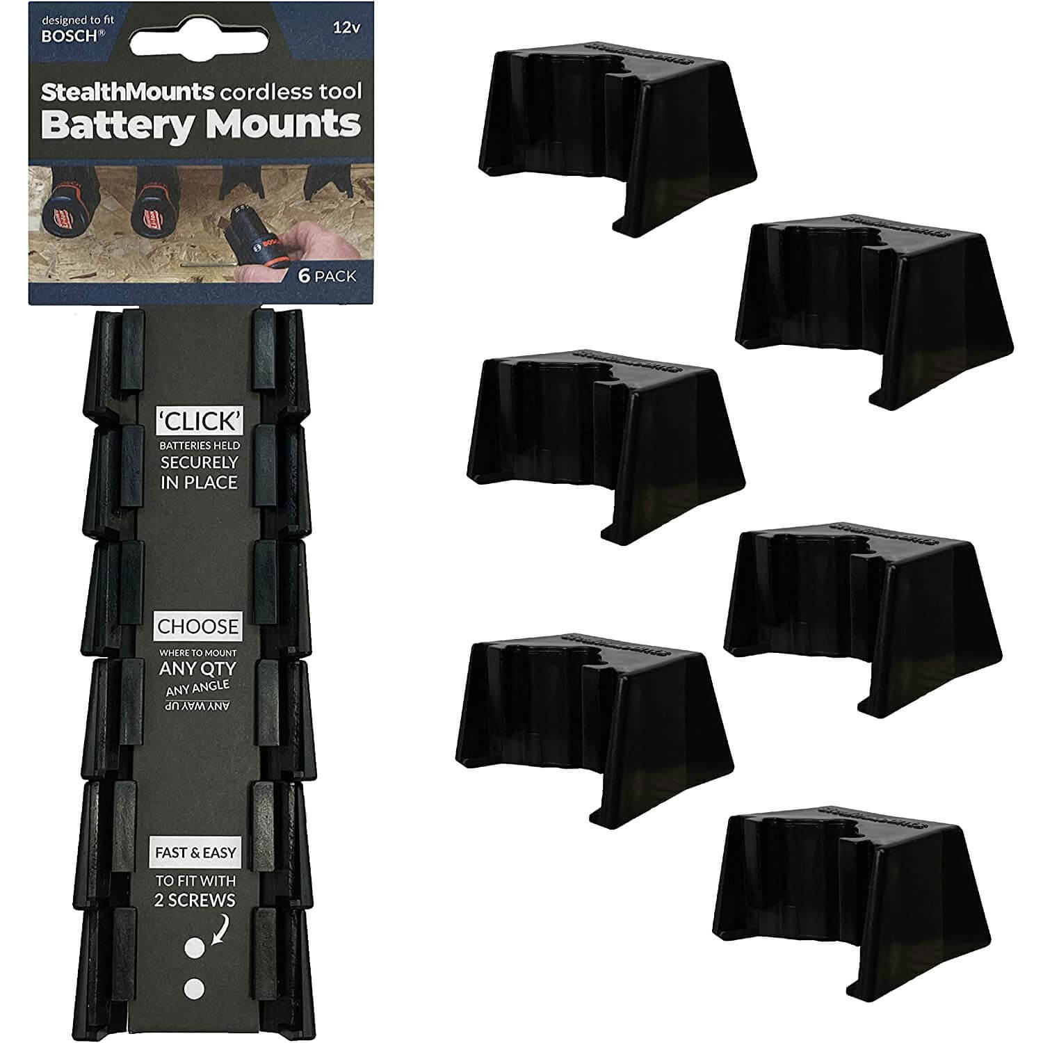 Stealth Mounts 6 Pack Battery Mounts for Bosch 12V PRO Batteries Black