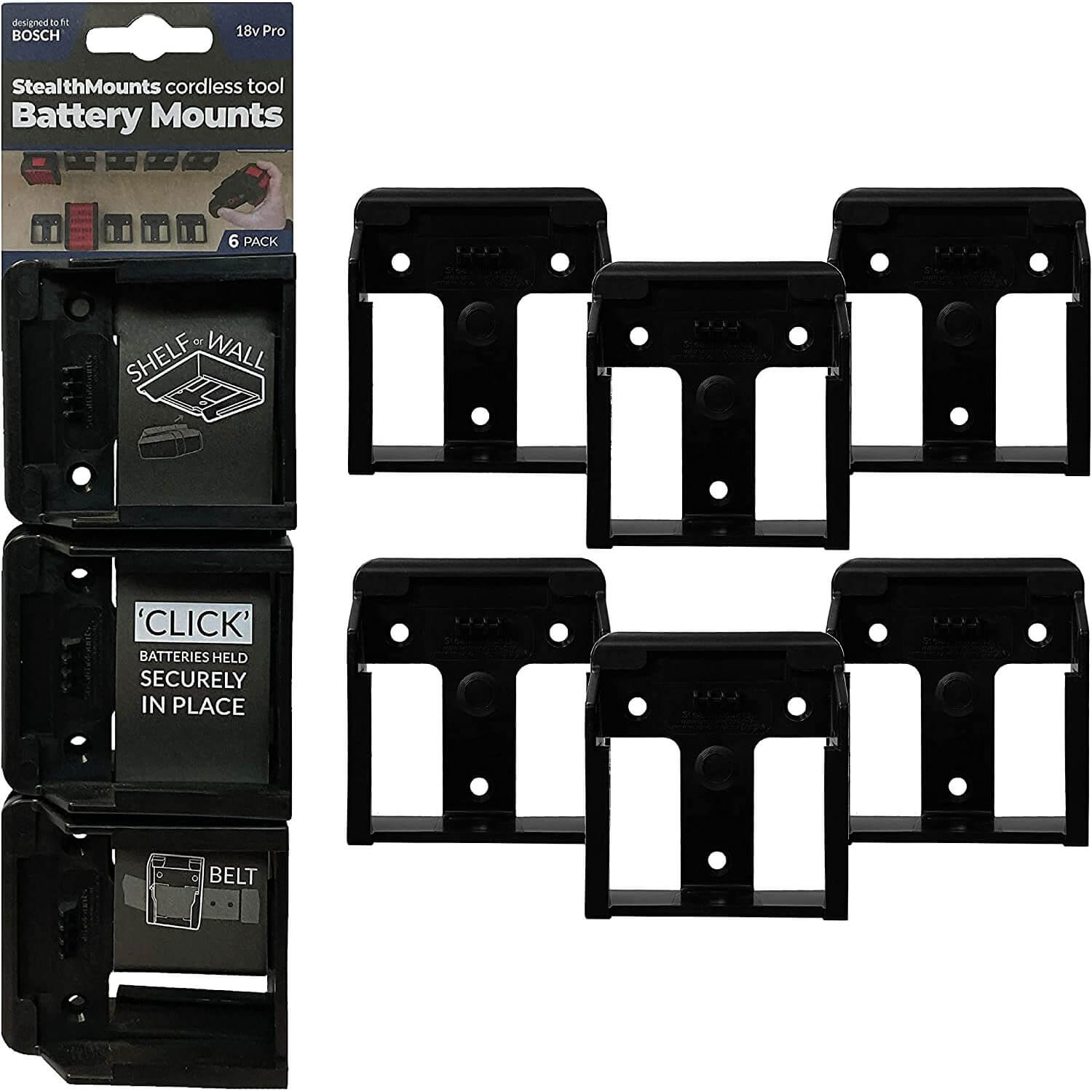 Image of Stealth Mounts 6 Pack Battery Mounts For Bosch 18V PRO Batteries Black
