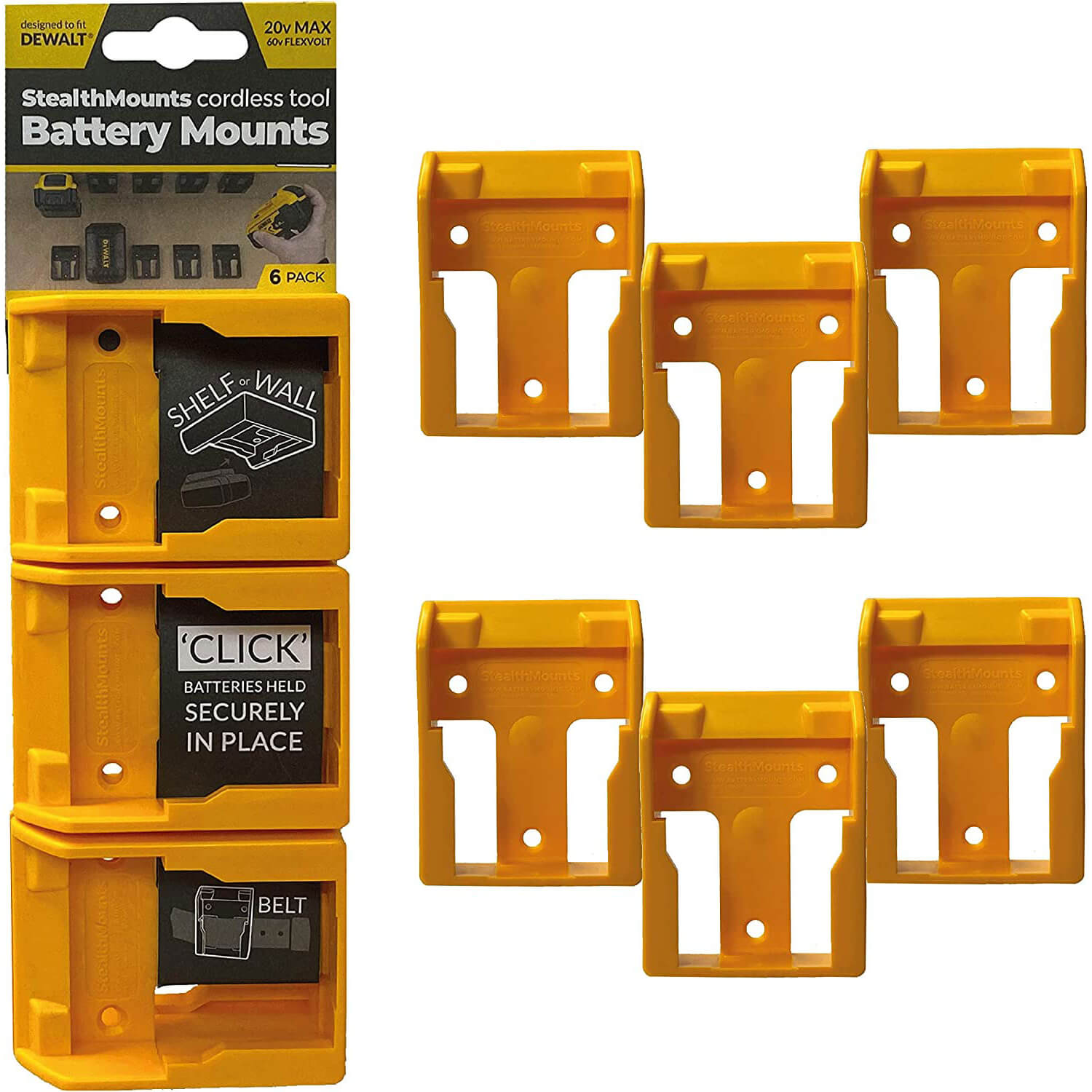 Image of Stealth Mounts 6 Pack Battery Mounts For Dewalt 18-54V XR Tools Yellow