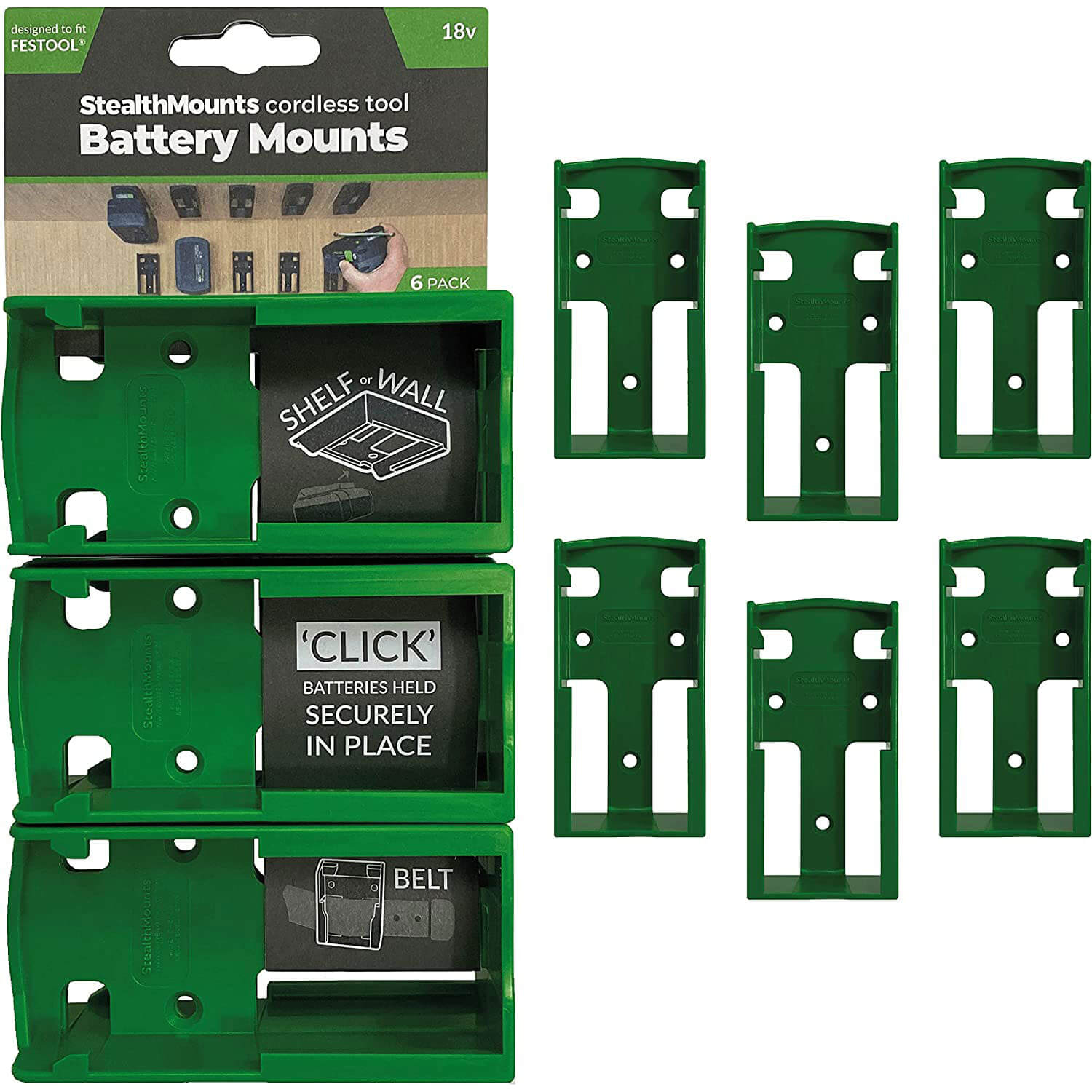 Image of Stealth Mounts 6 Pack Battery Mounts For Festool 18V Batteries Green