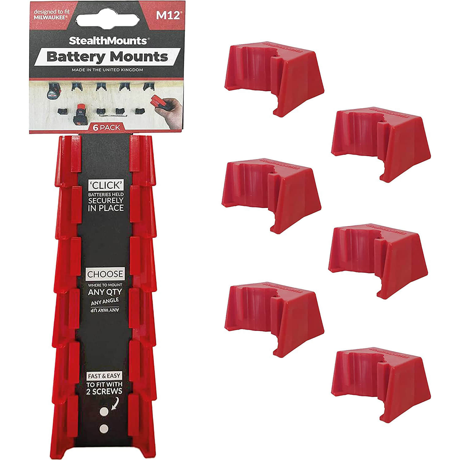 Image of Stealth Mounts 6 Pack Battery Mounts For Milwaukee 12V M12 Batteries Red