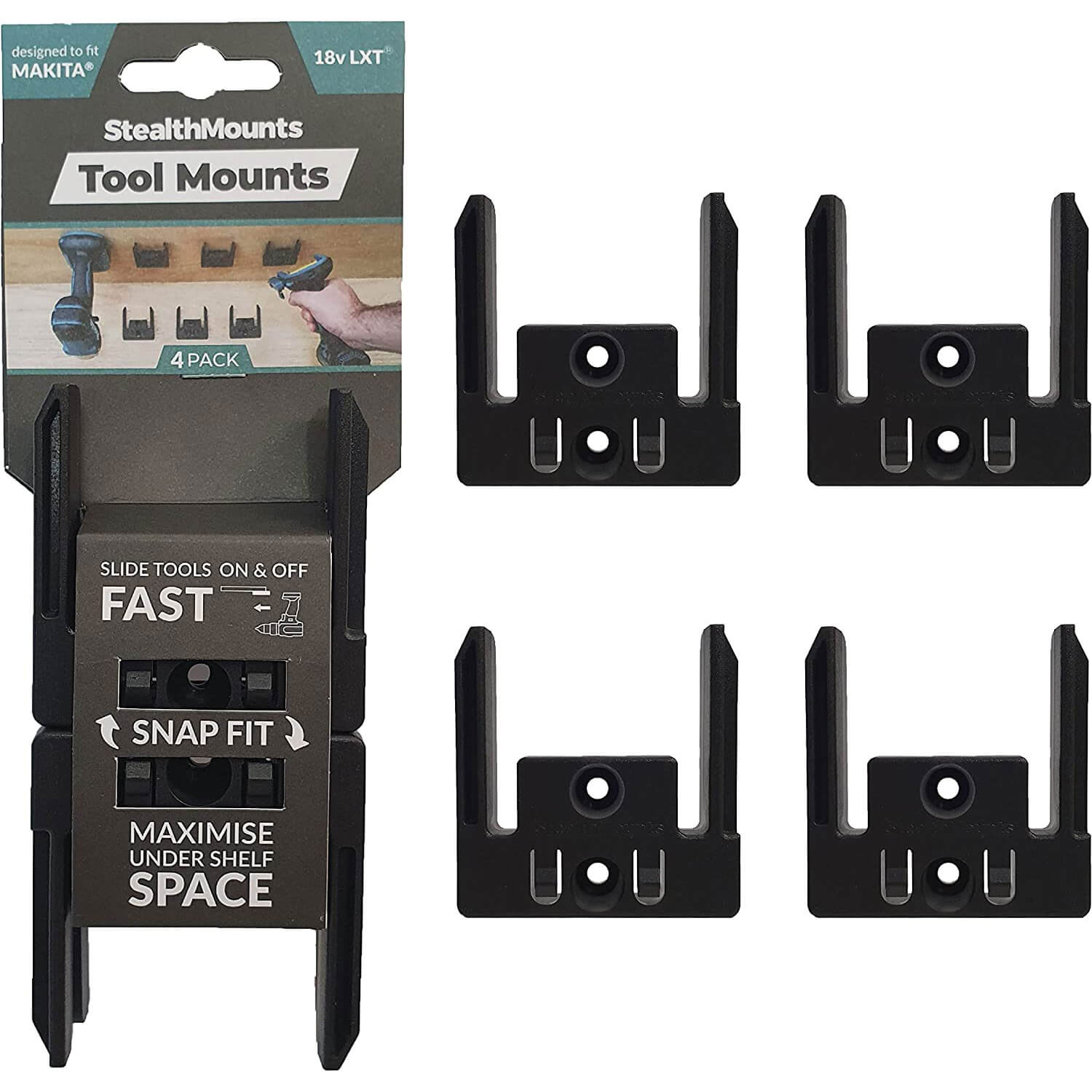 Image of Stealth Mounts 4 Pack Tool Mounts For Makita 18V LXT Tools Black