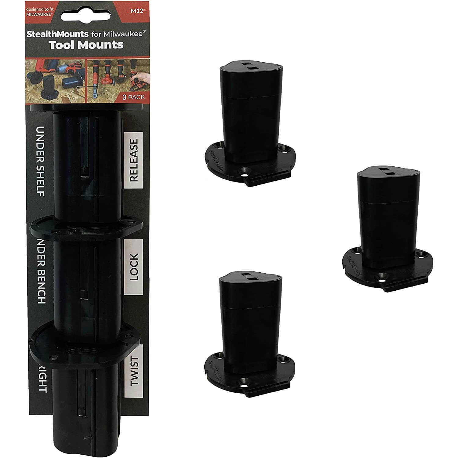 Image of Stealth Mounts 3 Pack Tool Mounts For Milwaukee 12v M12 Tools Black