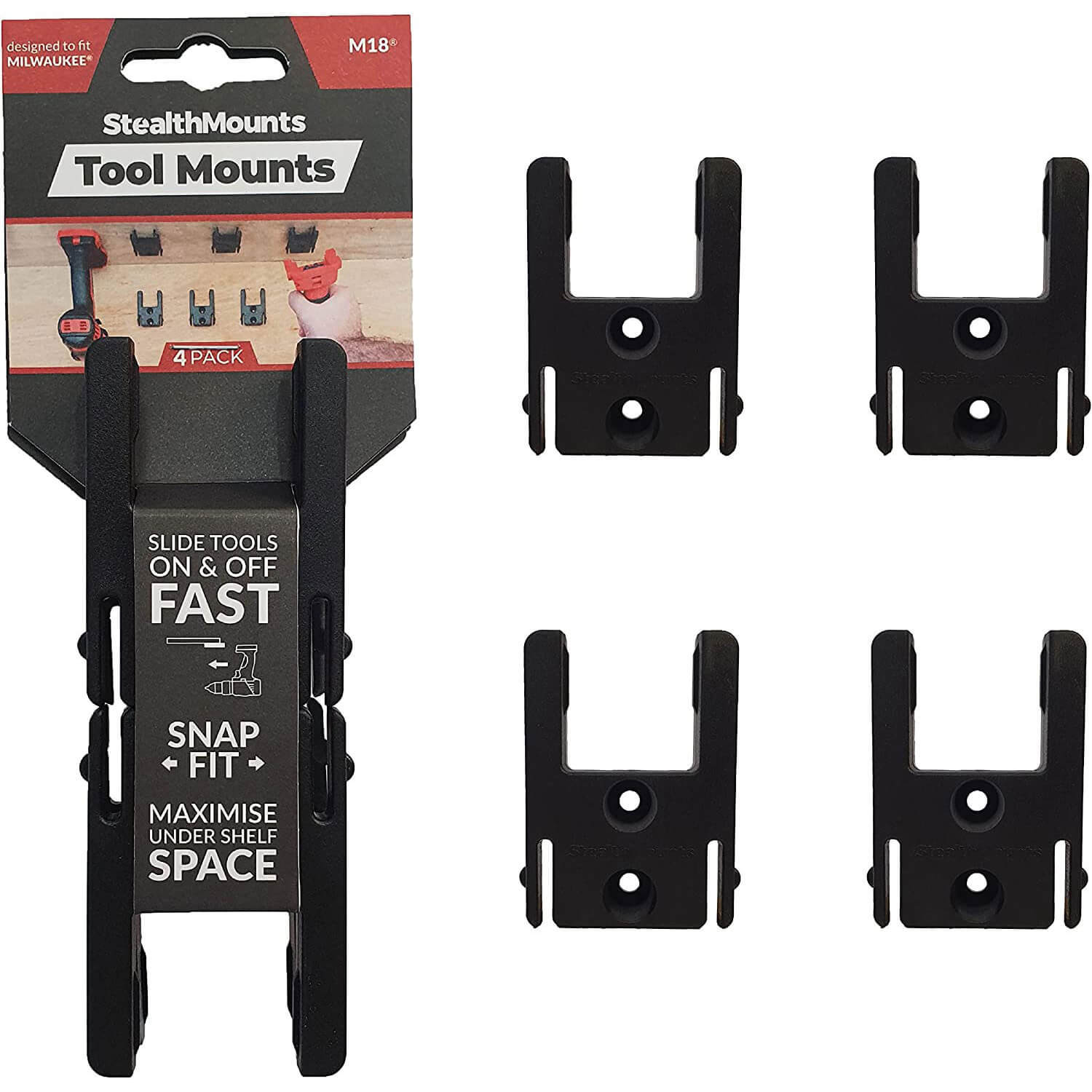 Stealth Mounts 4 Pack Tool Mounts for Milwaukee 18v M18 Tools Black