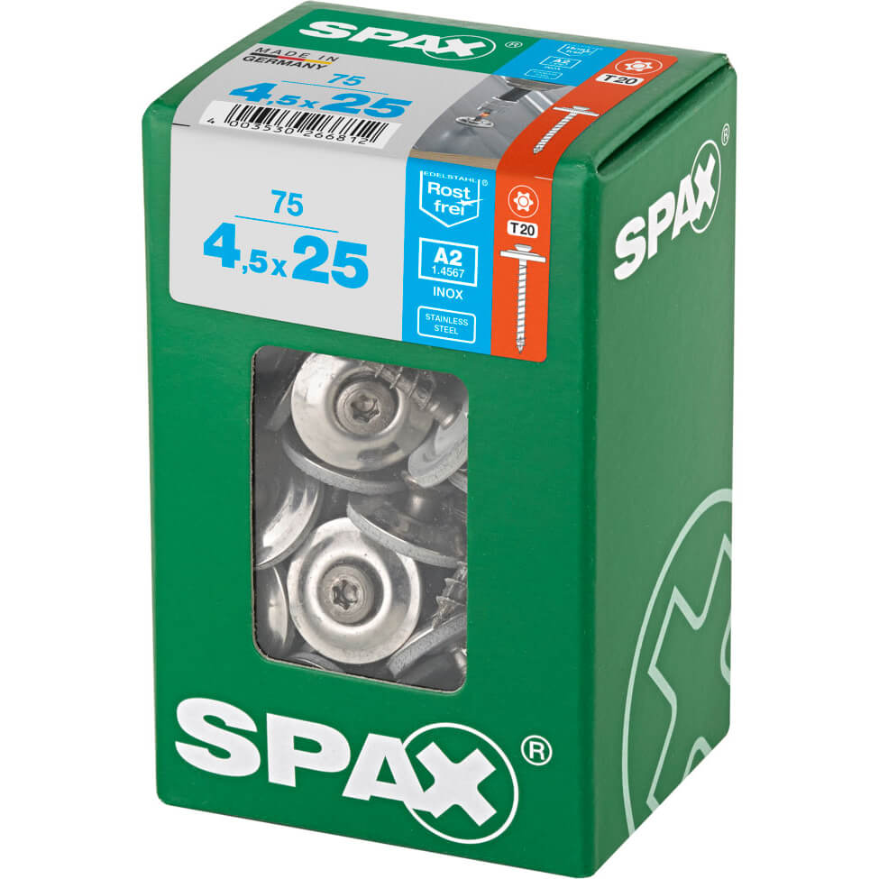 Image of Spax Stainless Steel Raised Countersunk Roof Sheet Sealing Screws 4.5mm 25mm Pack of 75