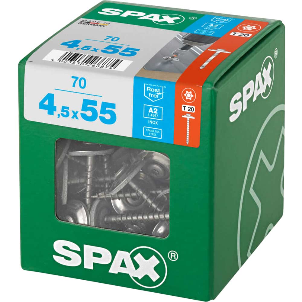 Spax Stainless Steel Raised Countersunk Roof Sheet Sealing Screws 4.5mm 55mm Pack of 70