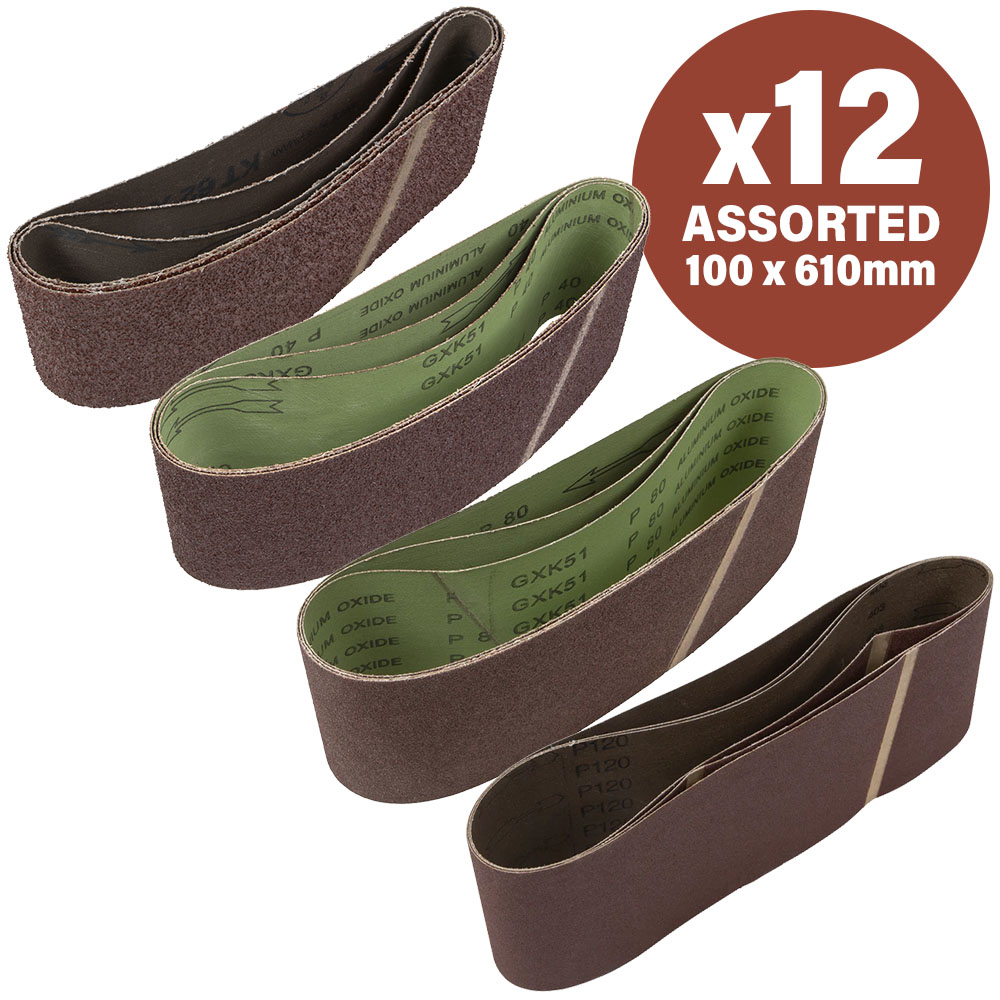 12 Piece Assorted 100mm x 610mm Sanding Belts