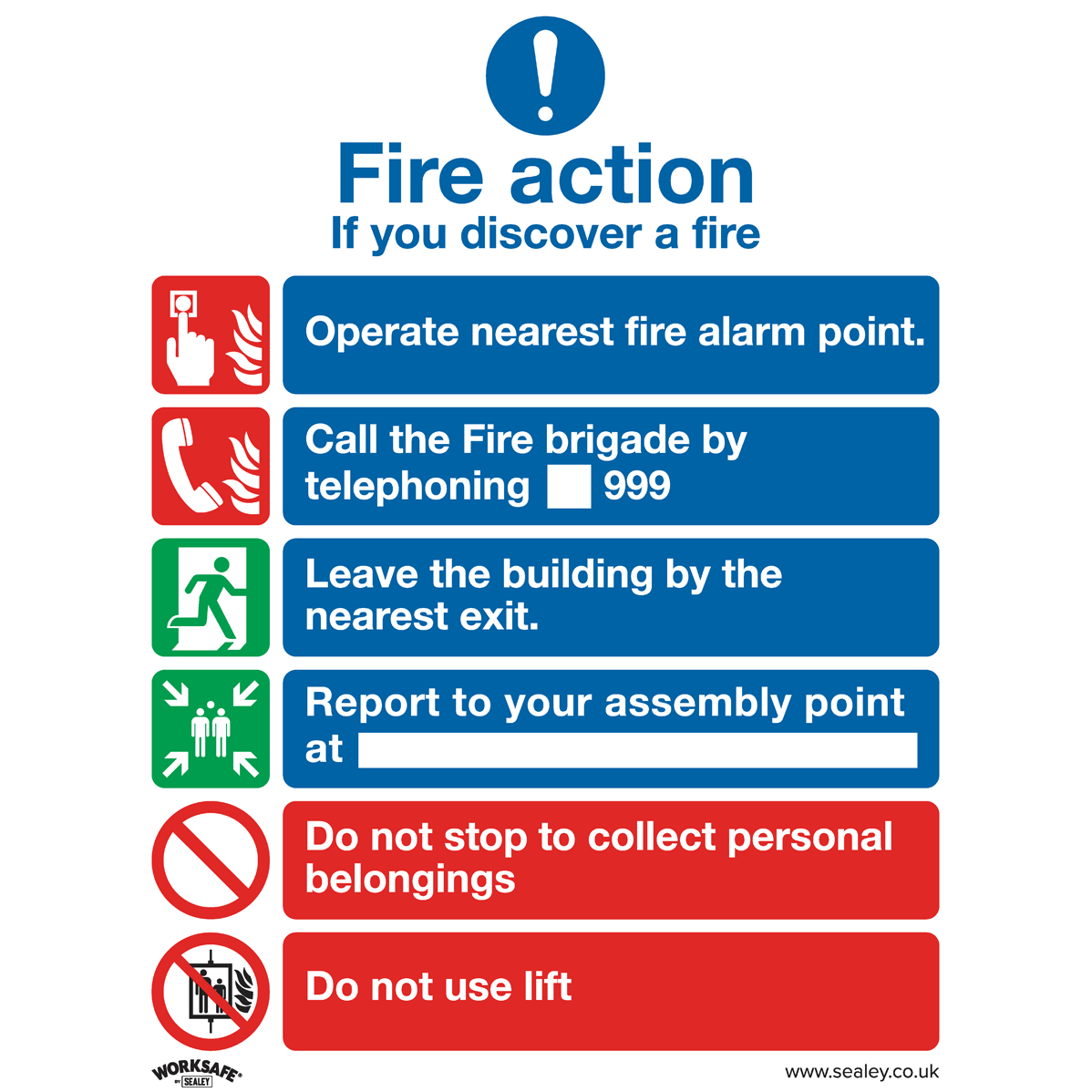 Sealey Self Adhesive Vinyl Fire Action With Lift Sign Pack of 10 200mm 250mm Standard