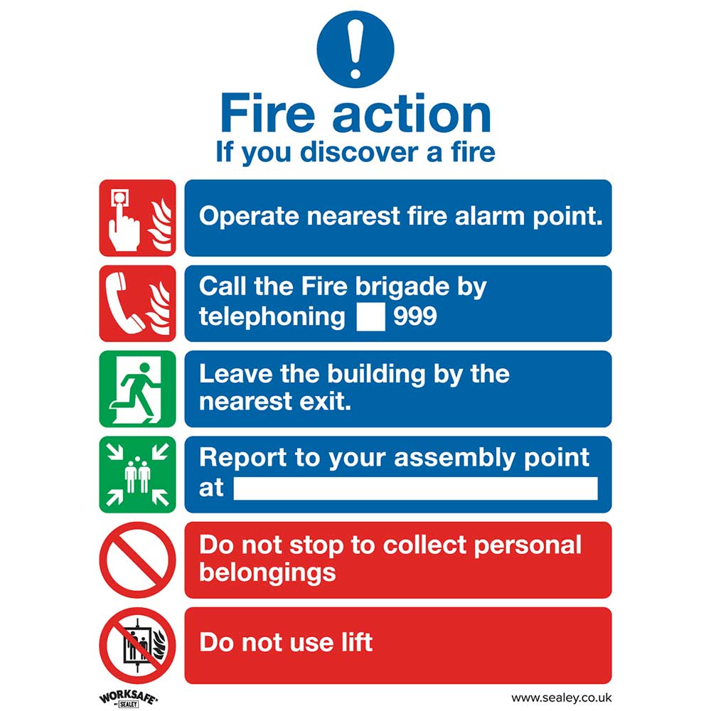 Image of Sealey Self Adhesive Vinyl Fire Action With Lift Sign 200mm 250mm Standard