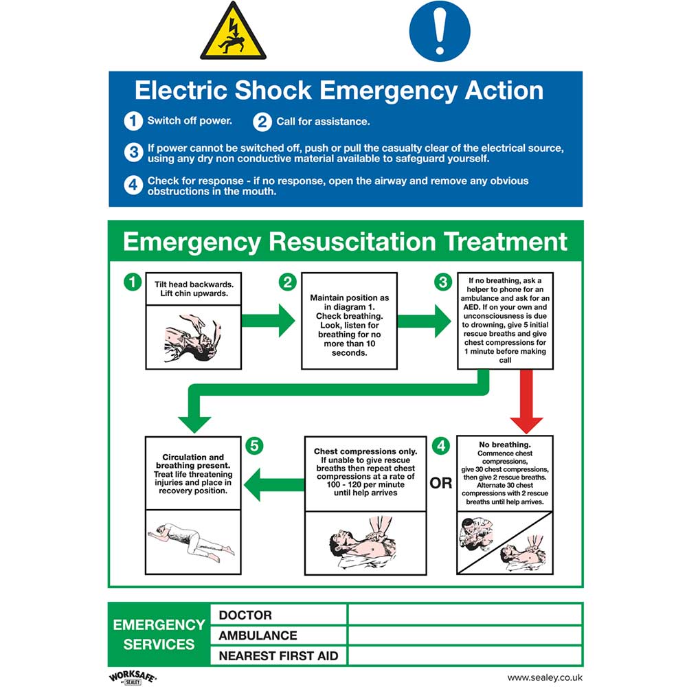 Sealey Rigid Plastic Electric Shock Emergency Action Sign 450mm 600mm Standard in UK Specification