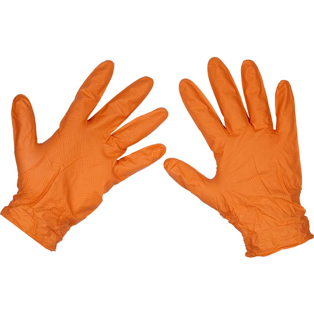 Sealey Diamond Grip Extra Thick Nitrile Powder Free Gloves Orange XL Pack of 50