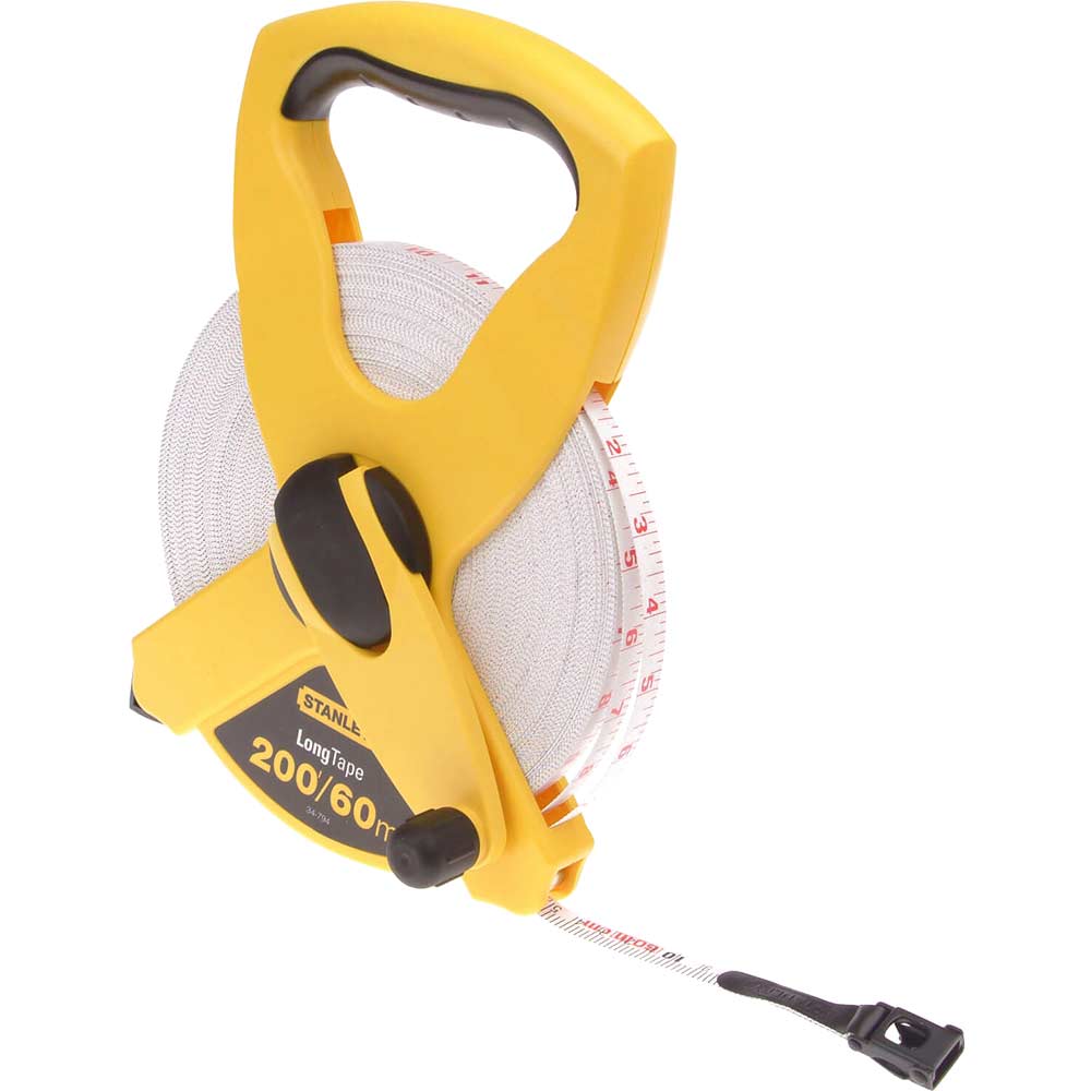 Image of Stanley Open Reel Fibreglass Tape Measure Imperial & Metric 200ft / 60m 13mm