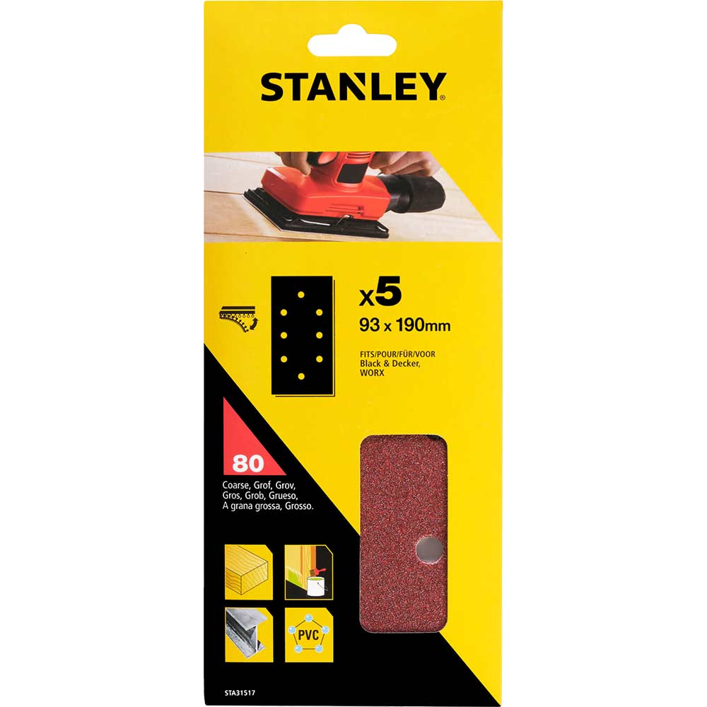 Stanley Punched Hook and Loop 1/3 Sanding Sheets 93mm x 190mm 80g Pack of 5