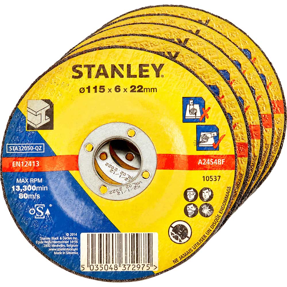 Stanley Depressed Centre Metal Grinding Disc 115mm Pack of 5