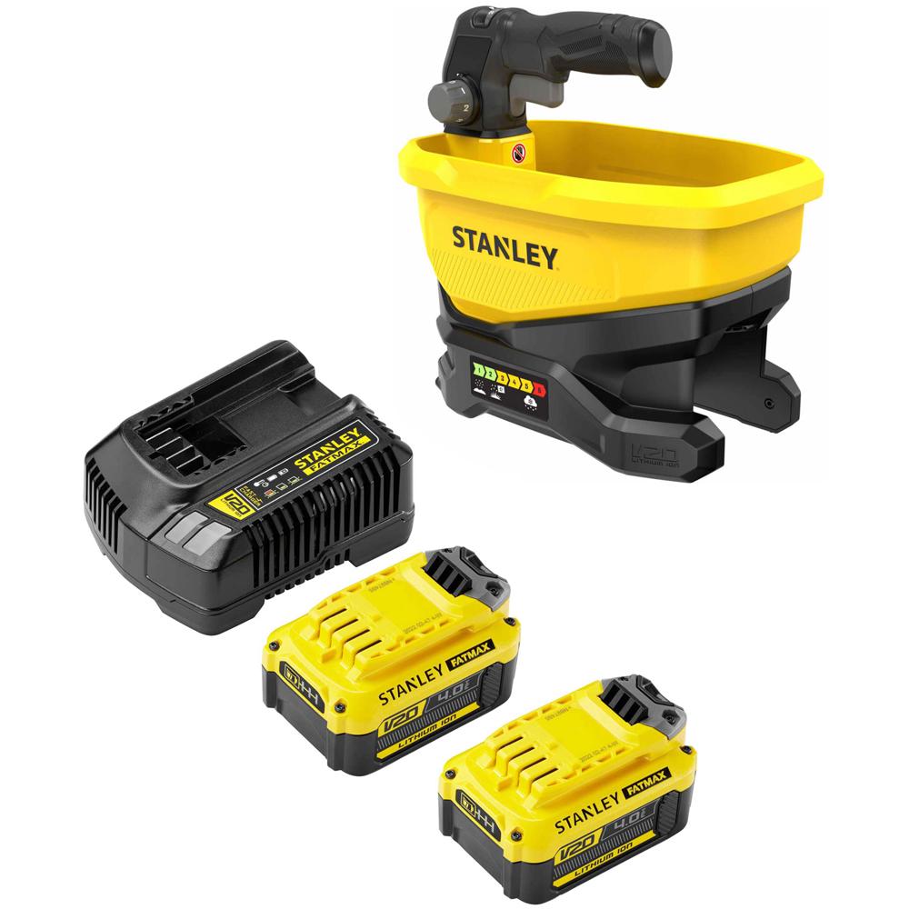 Stanley FatMax V20 STCOE300 18v Cordless Salt, Seed or Fertiliser Spreader 2 x 4ah Li-ion Charger