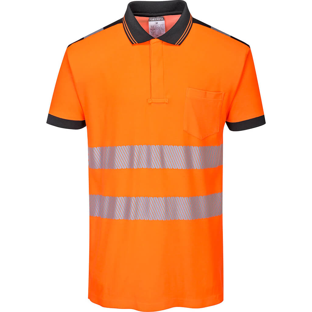 Image of Portwest PW3 Hi Vis Cotton Comfort Polo Short Sleeve Shirt Orange / Black M