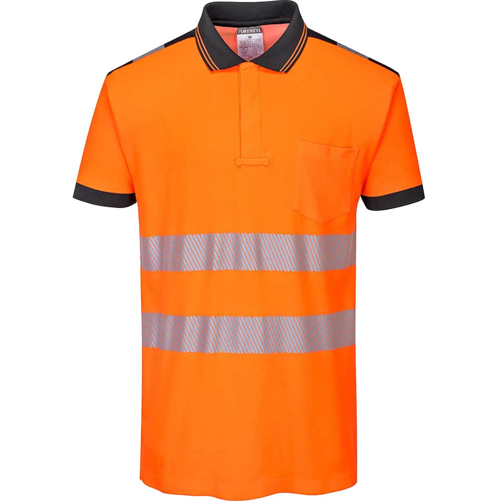 Image of Portwest PW3 Hi Vis Cotton Comfort Polo Short Sleeve Shirt Orange / Black XS