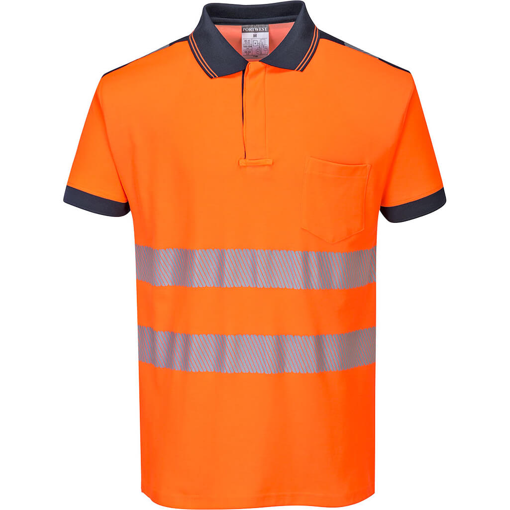 Image of Portwest PW3 Hi Vis Cotton Comfort Polo Short Sleeve Shirt Orange / Navy 3XL