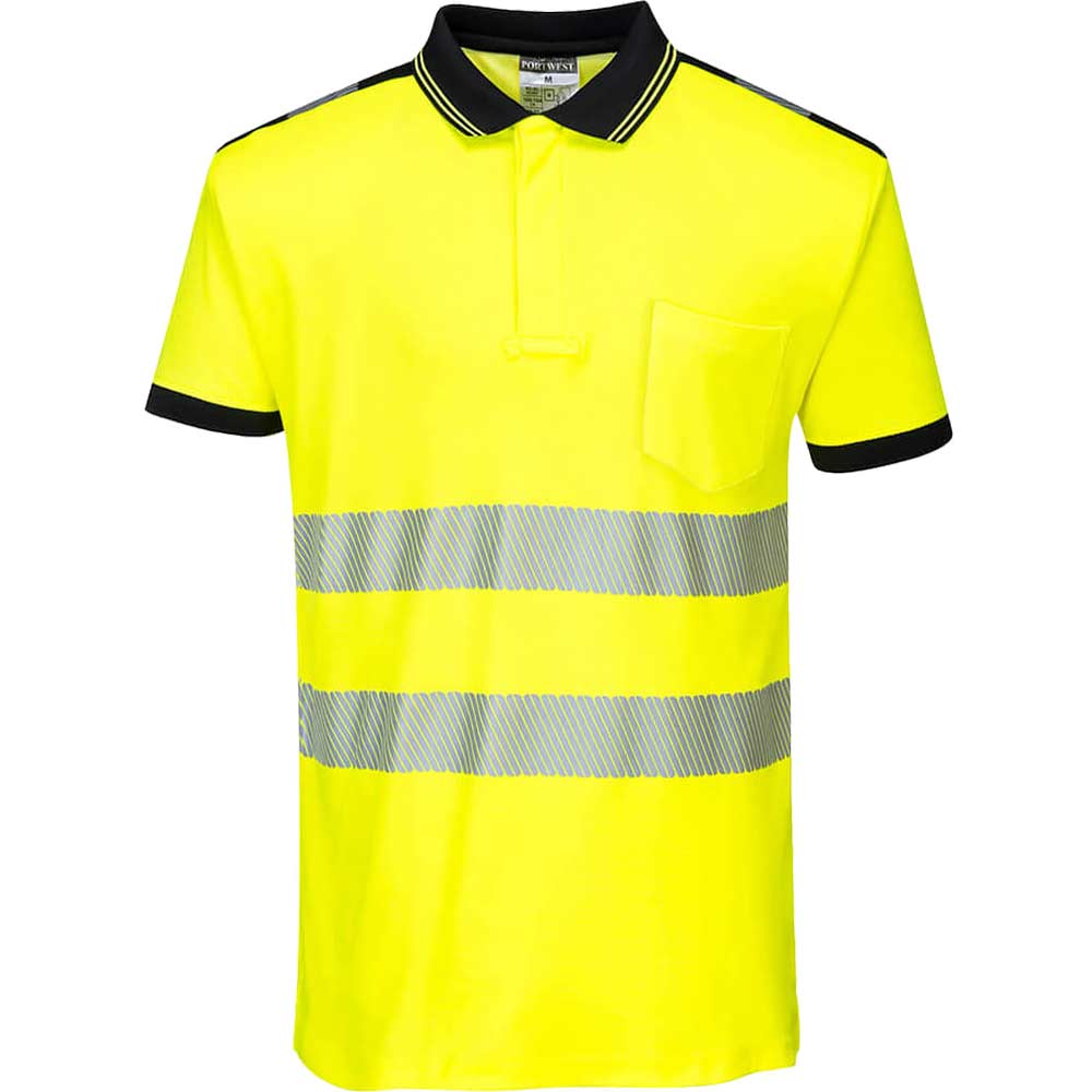 Image of Portwest PW3 Hi Vis Cotton Comfort Polo Short Sleeve Shirt Yellow / Black L