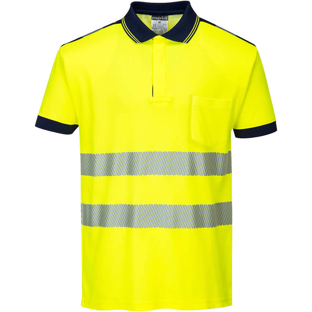 Image of Portwest PW3 Hi Vis Cotton Comfort Polo Short Sleeve Shirt Yellow / Navy L