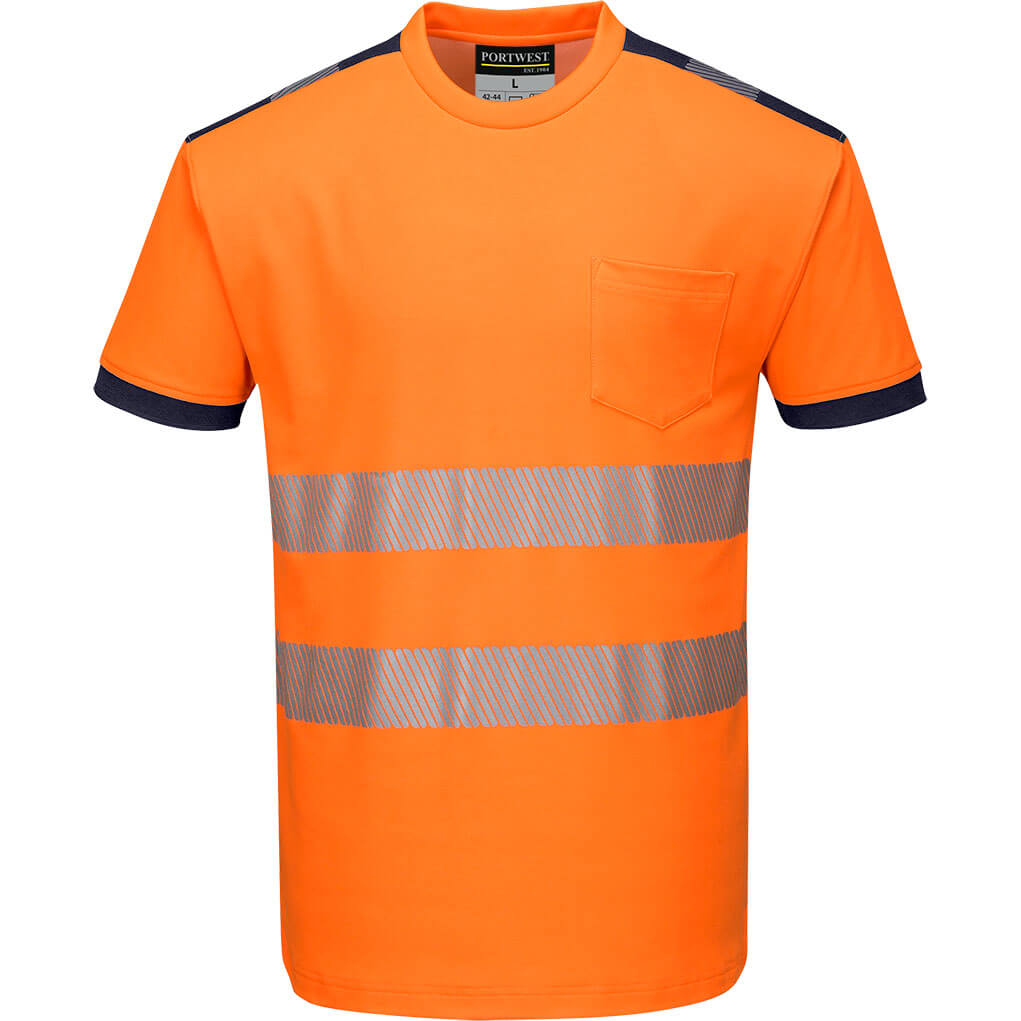 Image of Portwest PW3 Hi Vis Cotton Comfort Short Sleeve T Shirt Orange / Navy 4XL