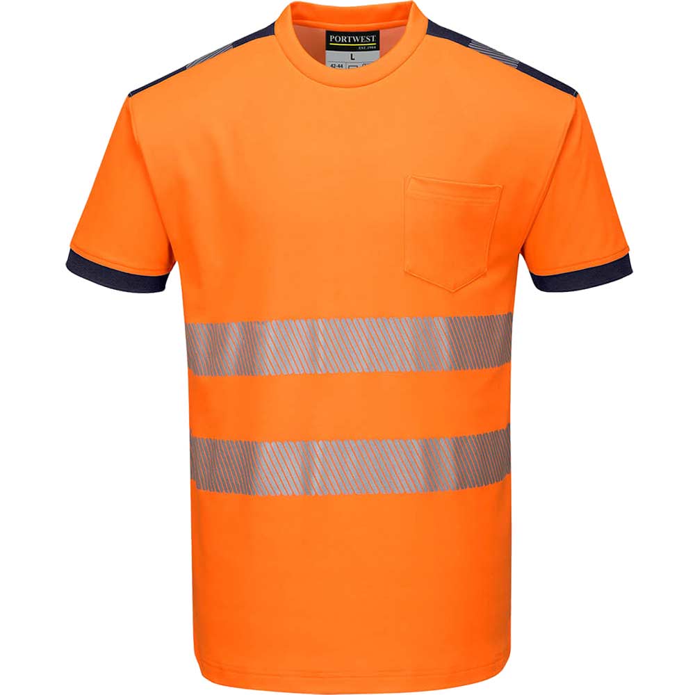 Image of Portwest PW3 Hi Vis Cotton Comfort Short Sleeve T Shirt Orange / Navy 4XL