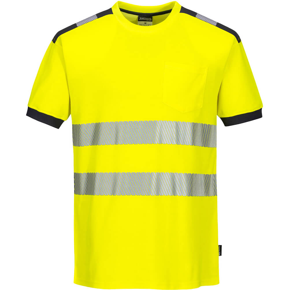 Image of Portwest PW3 Hi Vis Cotton Comfort Short Sleeve T Shirt Yellow / Grey XL