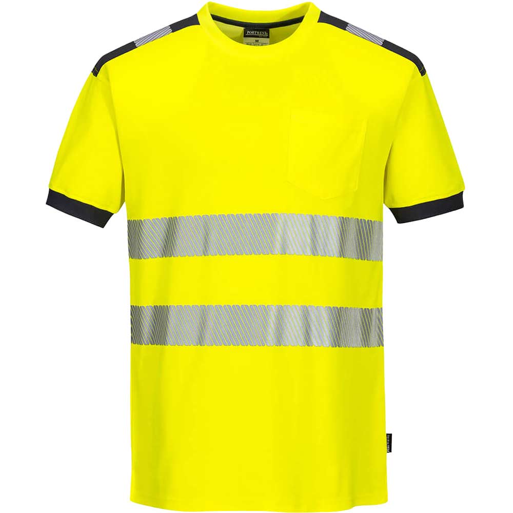 Image of Portwest PW3 Hi Vis Cotton Comfort Short Sleeve T Shirt Yellow / Grey XL