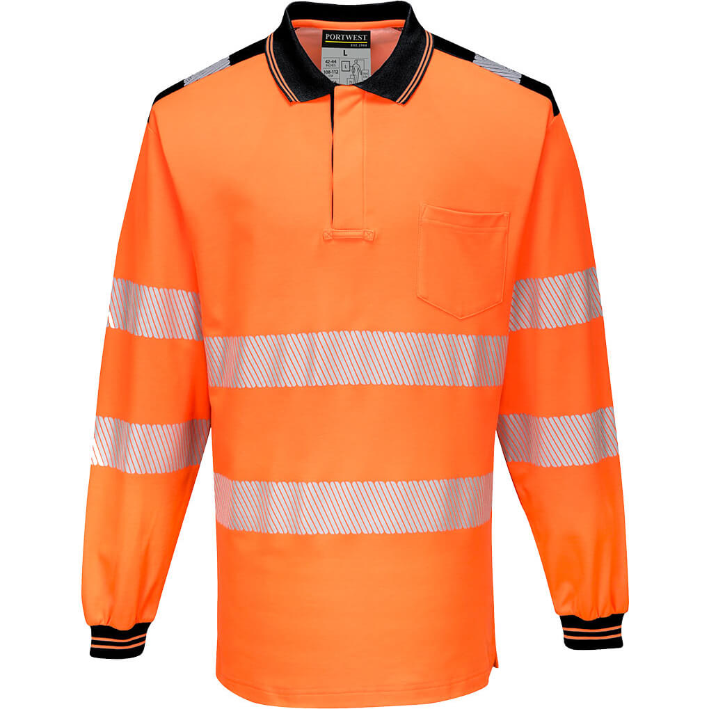 Image of Portwest PW3 Hi Vis Cotton Comfort Polo Long Sleeve Shirt Orange / Black 4XL