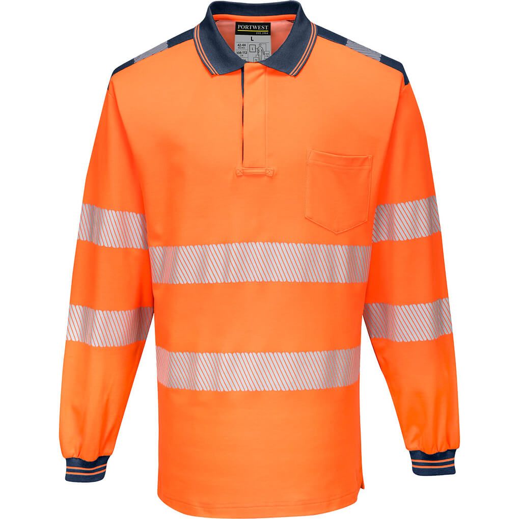 Image of Portwest PW3 Hi Vis Cotton Comfort Polo Long Sleeve Shirt Orange / Navy 5XL