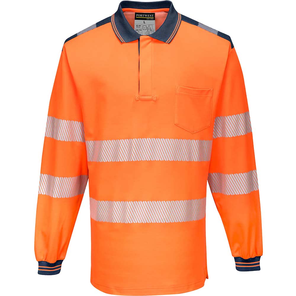 Image of Portwest PW3 Hi Vis Cotton Comfort Polo Long Sleeve Shirt Orange / Navy 4XL