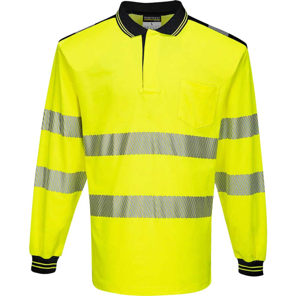 Image of Portwest PW3 Hi Vis Cotton Comfort Polo Long Sleeve Shirt Yellow / Black 4XL