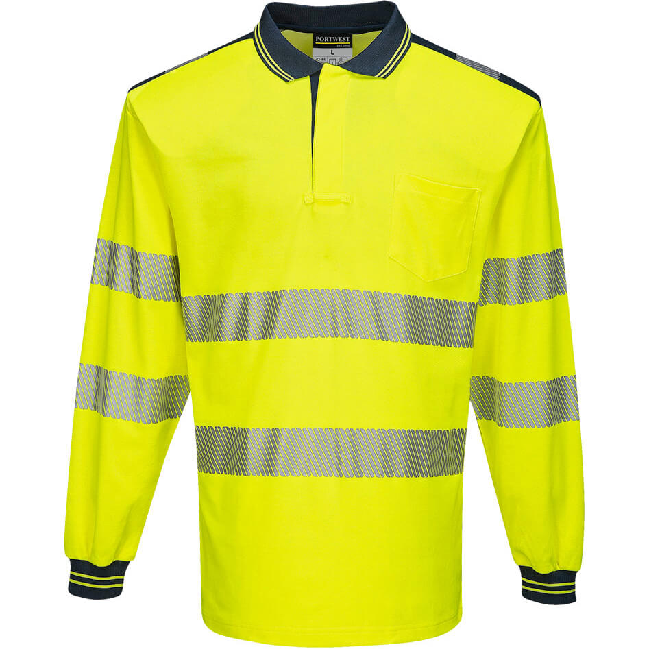 Image of Portwest PW3 Hi Vis Cotton Comfort Polo Long Sleeve Shirt Yellow / Navy 3XL