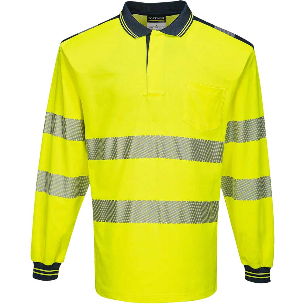 Portwest PW3 Hi Vis Cotton Comfort Polo Long Sleeve Shirt Yellow / Navy S