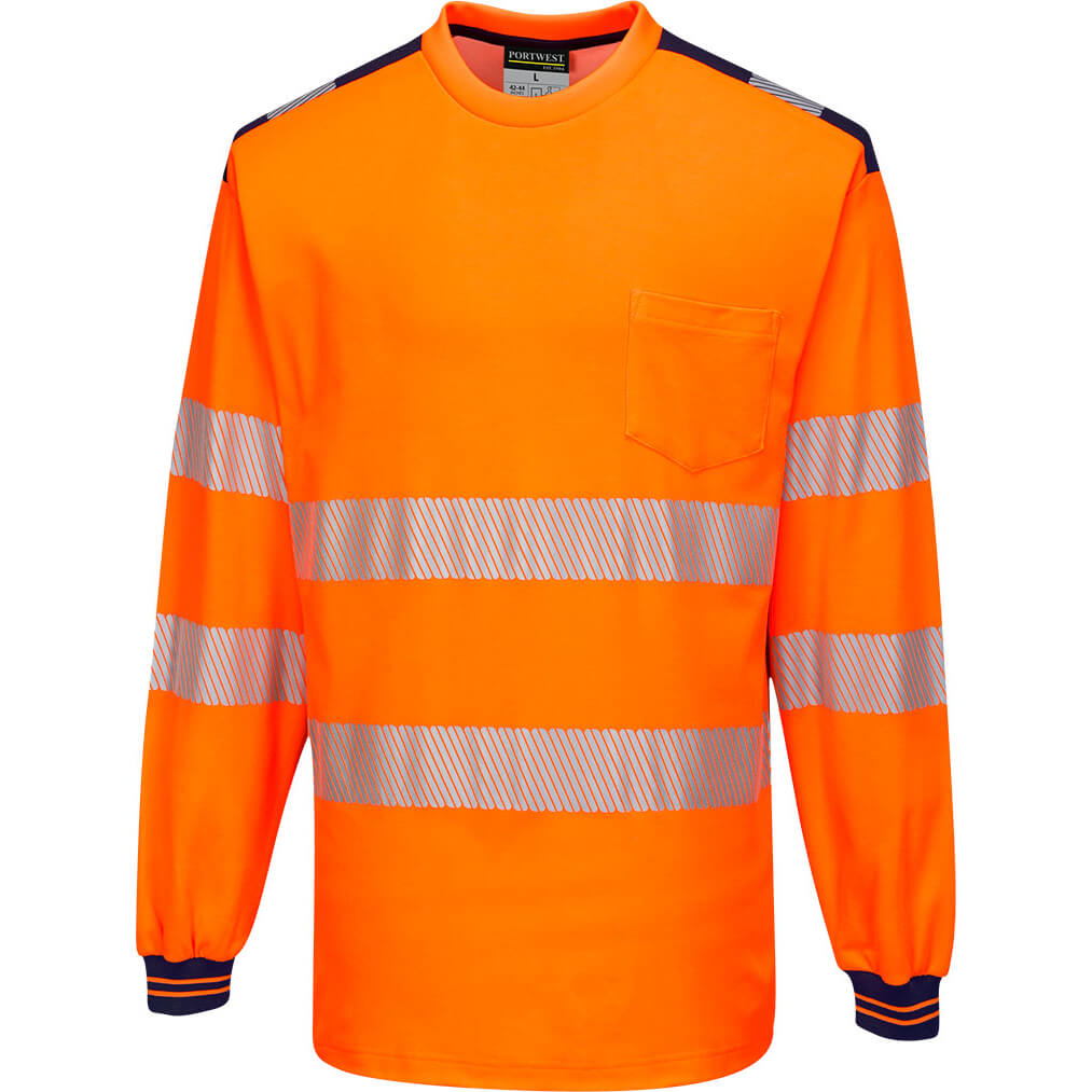 Image of Portwest PW3 Hi Vis Cotton Comfort Long Sleeve T Shirt Orange / Navy 4XL
