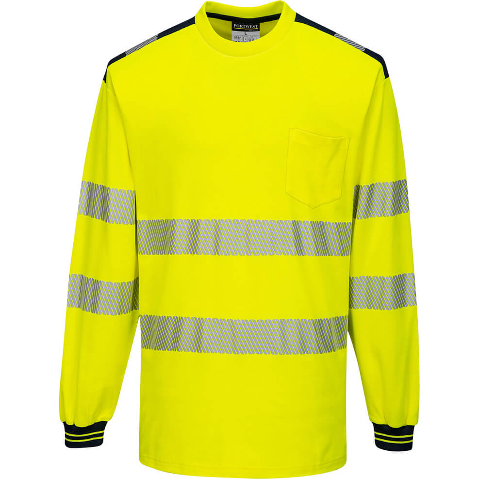 Image of Portwest PW3 Hi Vis Cotton Comfort Long Sleeve T Shirt Yellow / Black M