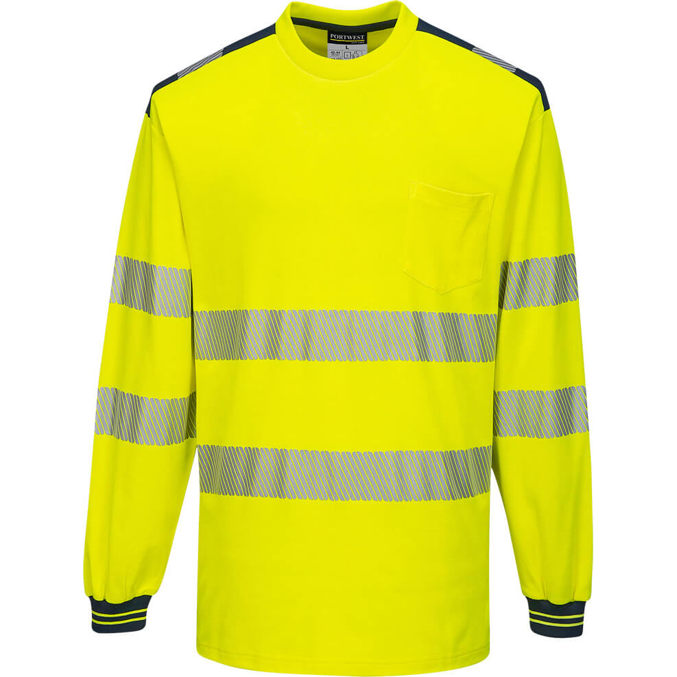 Image of Portwest PW3 Hi Vis Cotton Comfort Long Sleeve T Shirt Yellow / Navy 5XL