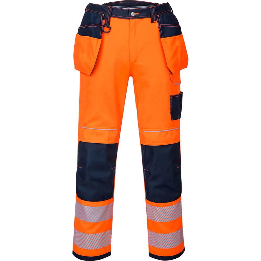 Portwest PW3 Hi Vis Holster Pocket Work Trousers Orange / Navy 28" 29