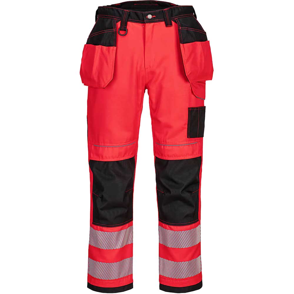 Portwest PW3 Hi Vis Holster Pocket Work Trousers Red / Black 46" 31