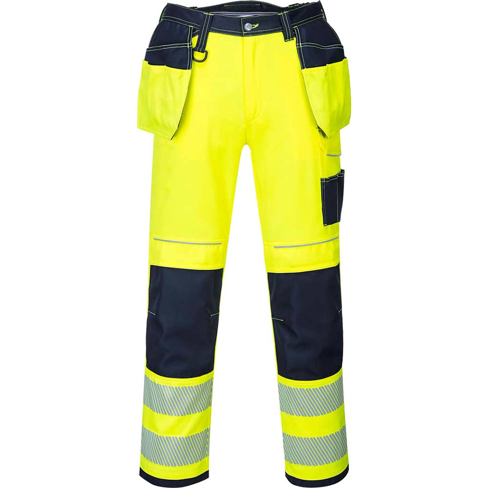 Portwest PW3 Hi Vis Holster Pocket Work Trousers Yellow / Navy 33" 31