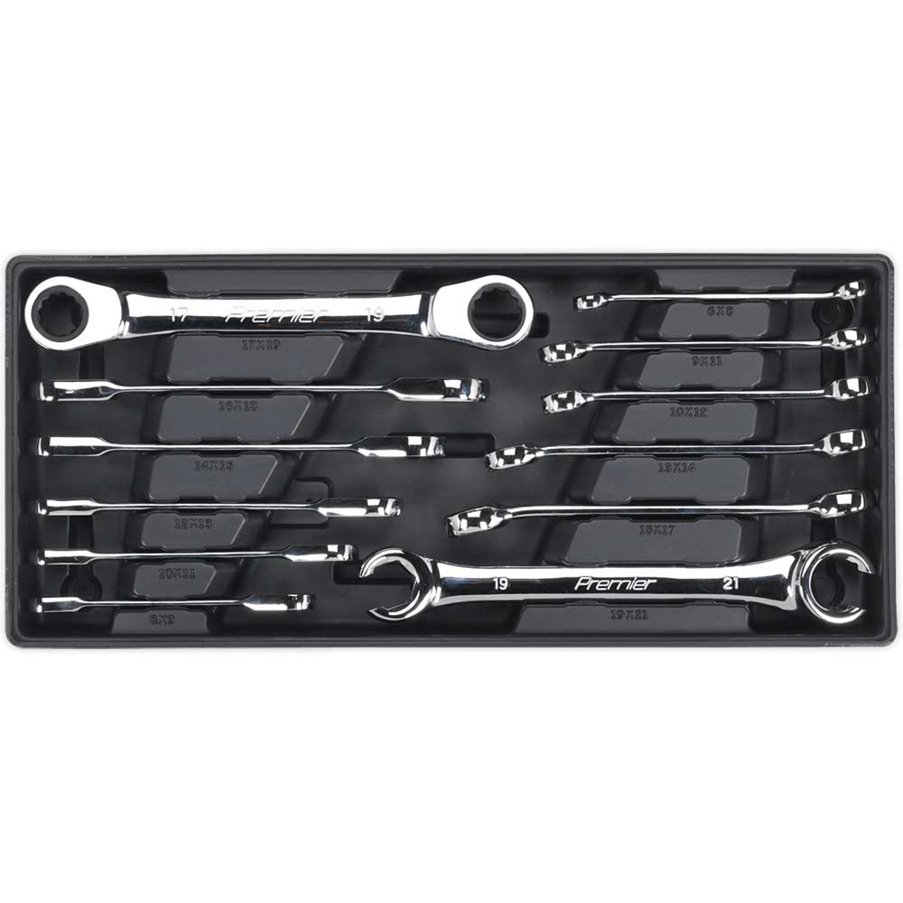 Image of Sealey 12 Piece Flare Nut and Ratchet Ring Spanner Set Metric in Module Tray