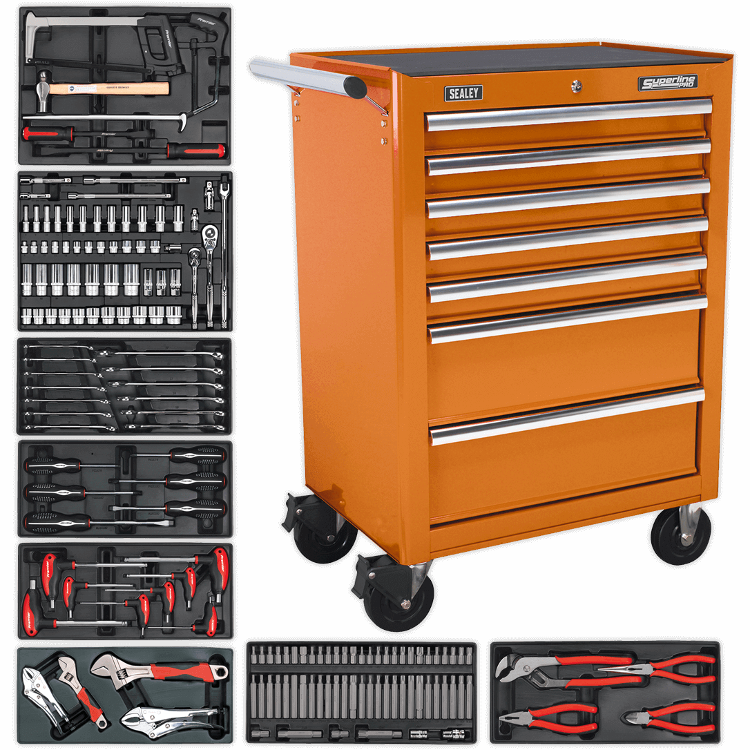 Sealey 7 Drawer Tool Roller Cabinet and 156 Piece Tool Kit Orange