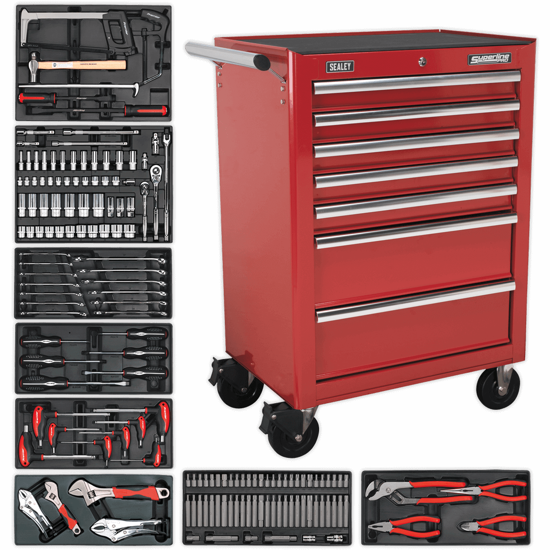 Sealey 7 Drawer Tool Roller Cabinet and 156 Piece Tool Kit Red