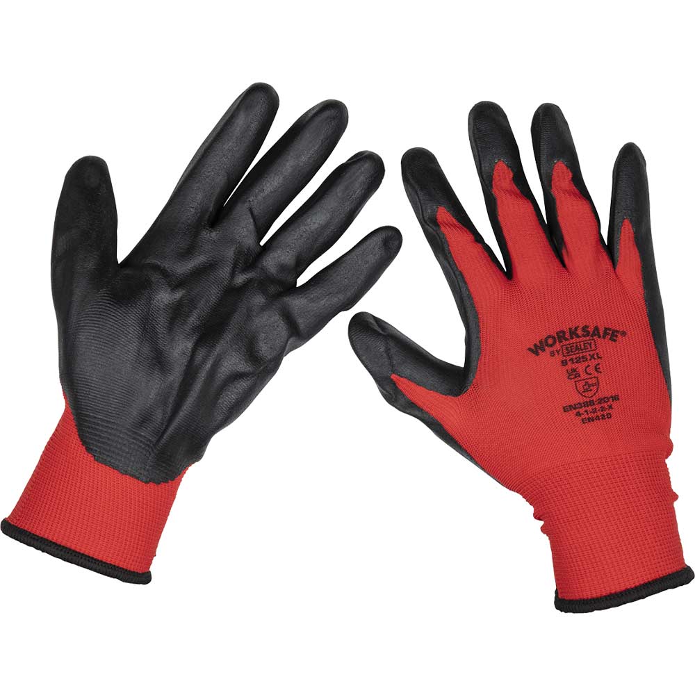 Sealey Worksafe Flexi Grip Nitrile Foam Palm Gloves Red / Black XL Pack of 6